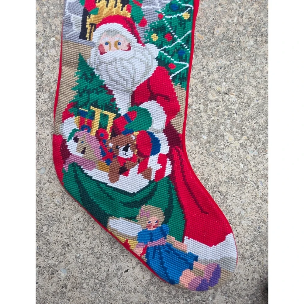 Vintage Needlepoint Christmas Stocking Santa Claus Toys 21” Holiday Velvet